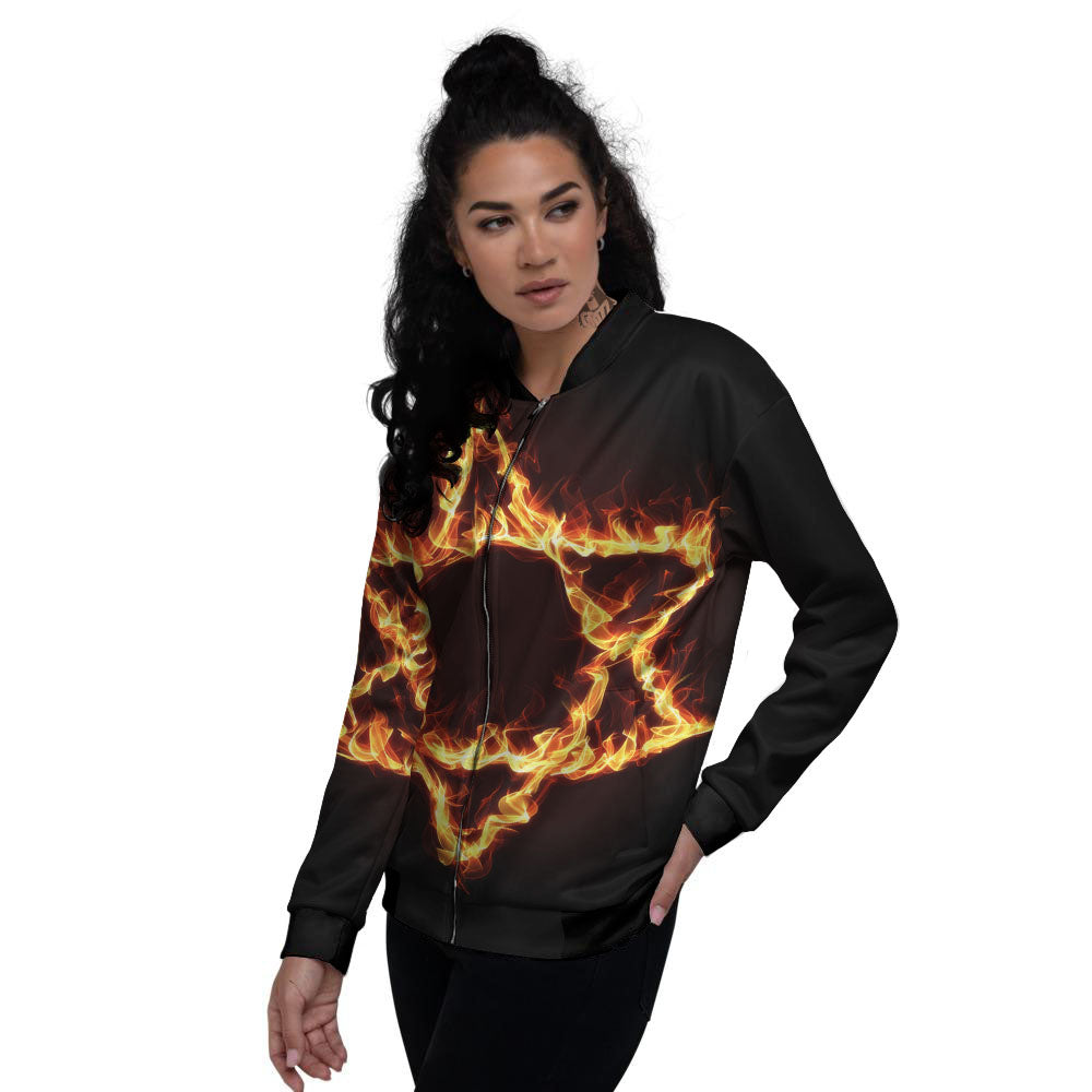 Star Of David Fiery Print Women's Bomber Jacket-grizzshop