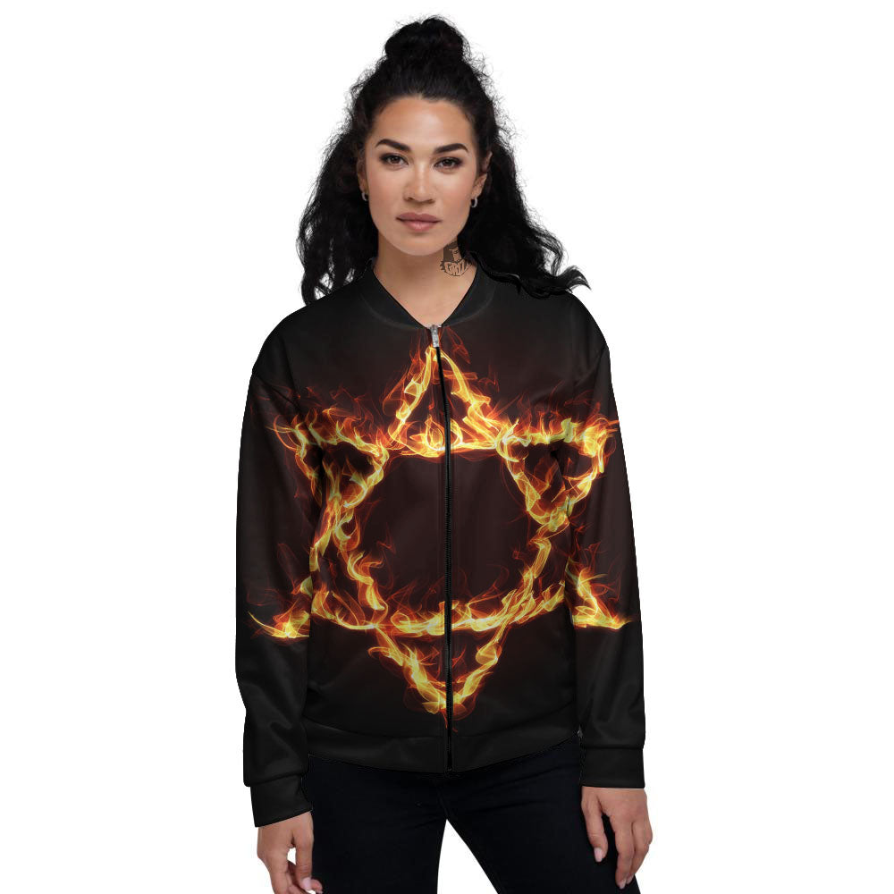 Star Of David Fiery Print Women's Bomber Jacket-grizzshop