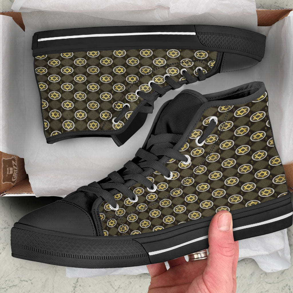 Star Of David Flaming Print Black High Top Shoes-grizzshop