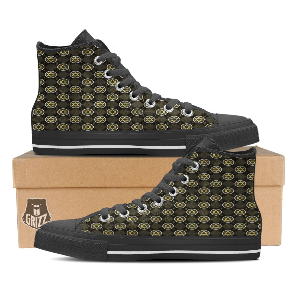 Star Of David Flaming Print Black High Top Shoes-grizzshop