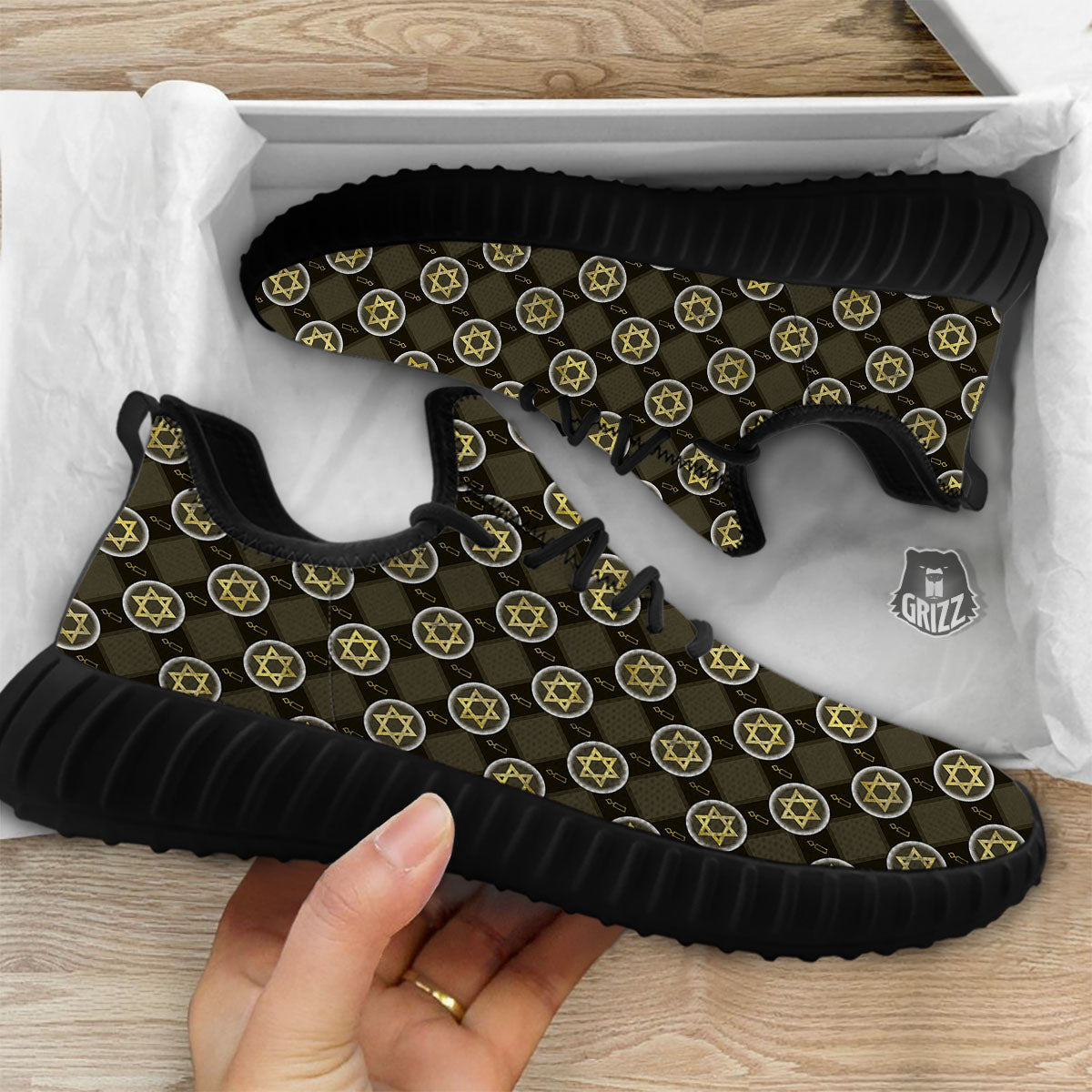 Star Of David Flaming Print Black Walking Shoes-grizzshop