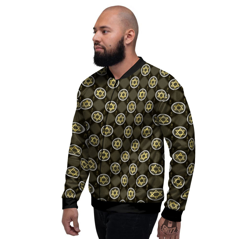 Star Of David Flaming Print Men's Bomber Jacket-grizzshop