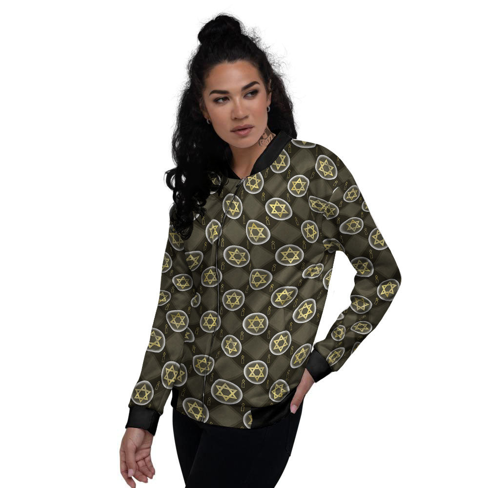 Star Of David Flaming Print Women's Bomber Jacket-grizzshop
