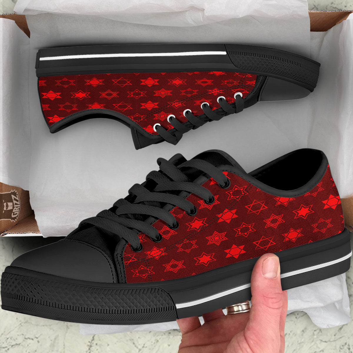 Star Of David Geometric Print Black Low Top Shoes-grizzshop