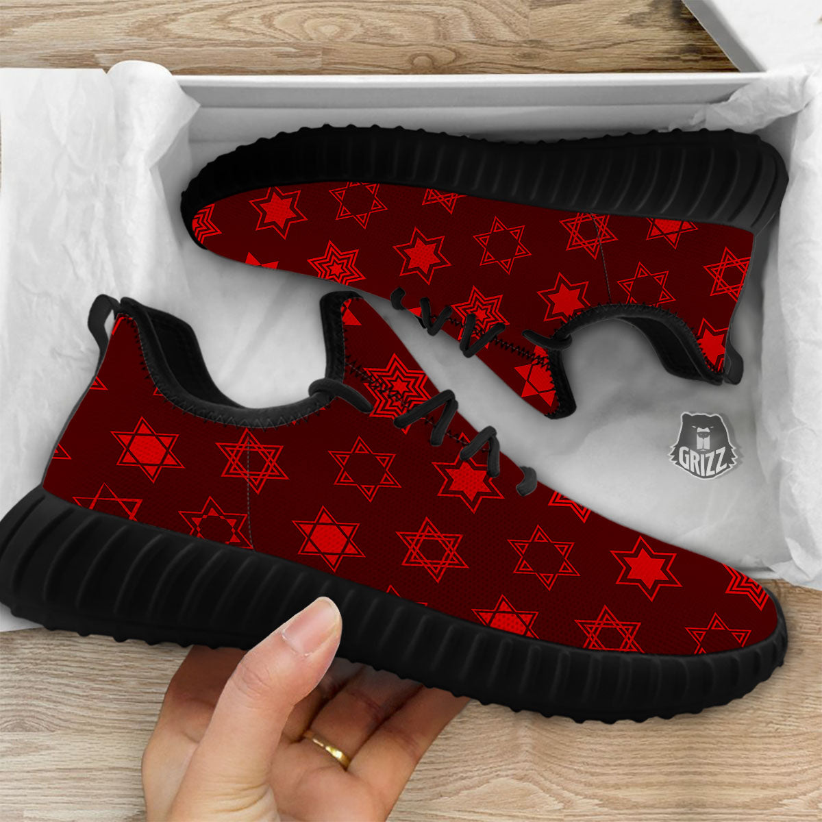 Star Of David Geometric Print Black Walking Shoes-grizzshop