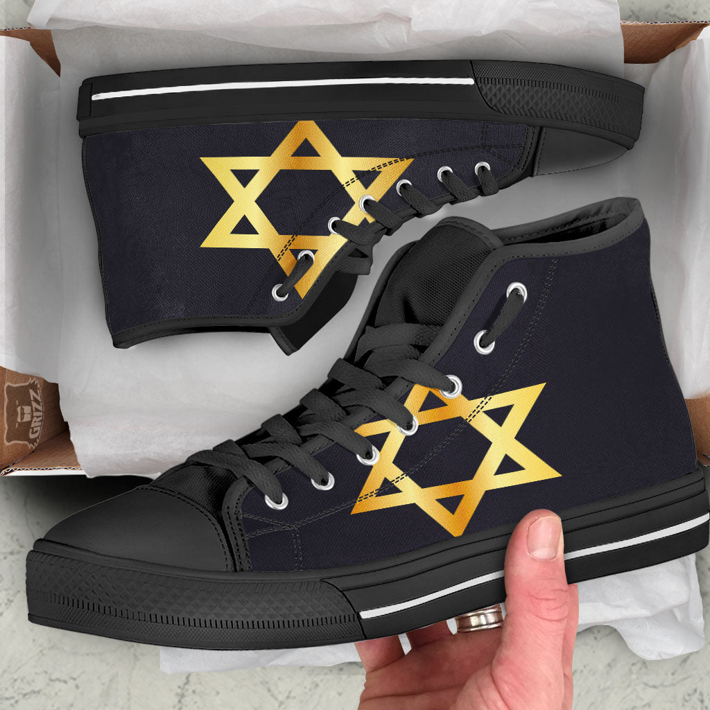 Star Of David Golden Print Black High Top Shoes-grizzshop