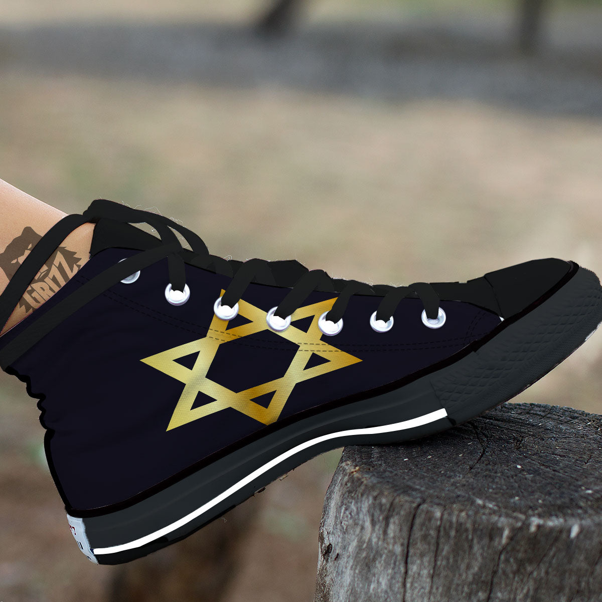 Star Of David Golden Print Black High Top Shoes-grizzshop
