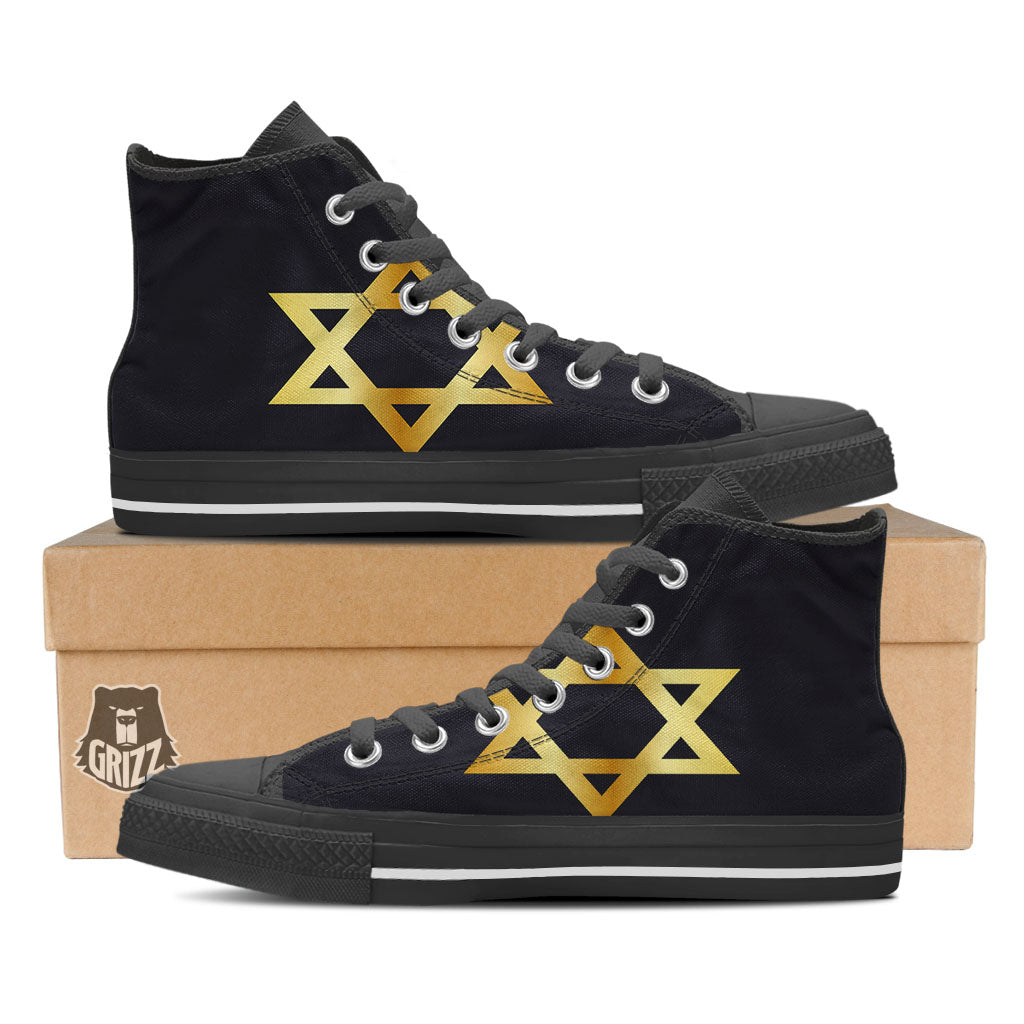Star Of David Golden Print Black High Top Shoes-grizzshop