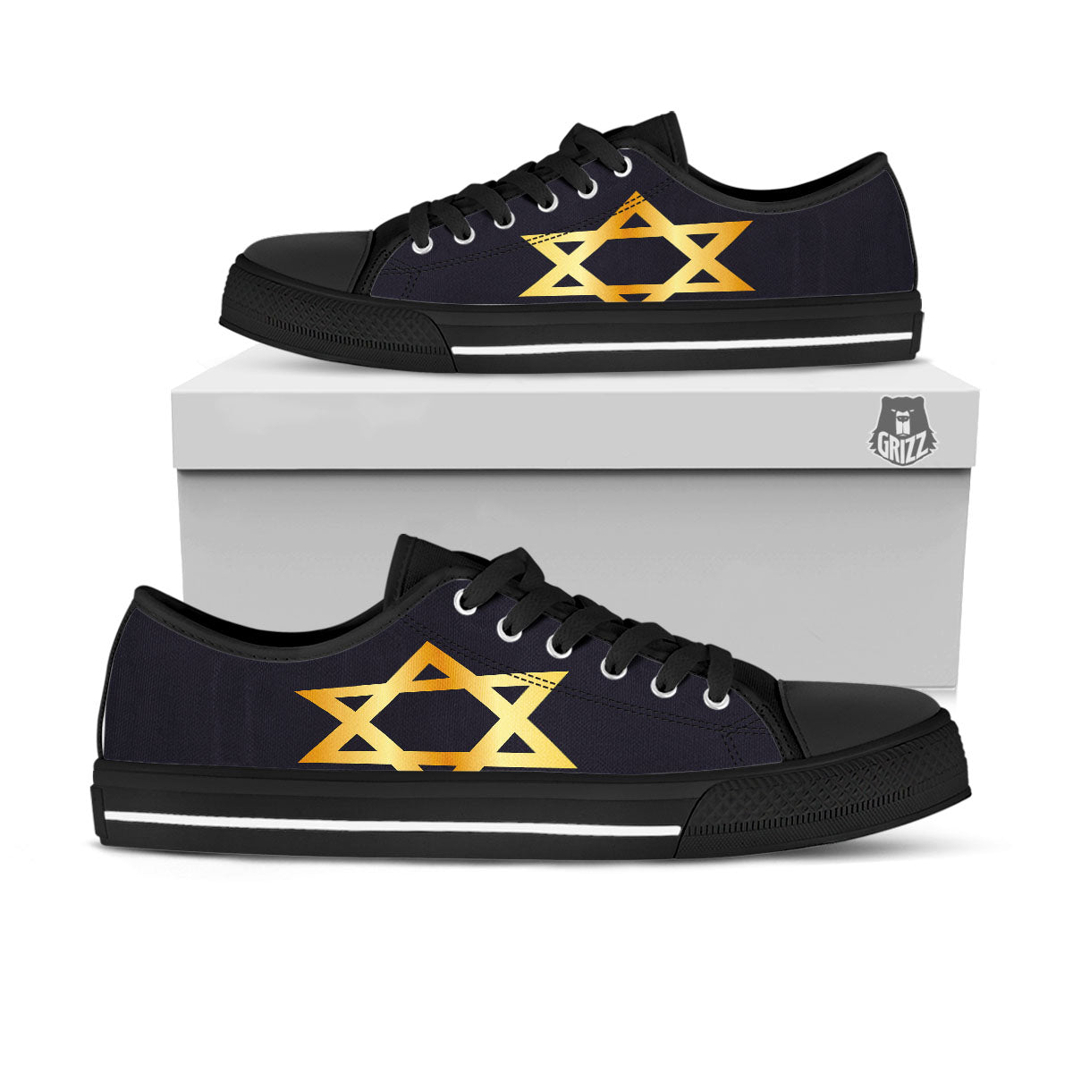 Star Of David Golden Print Black Low Top Shoes-grizzshop