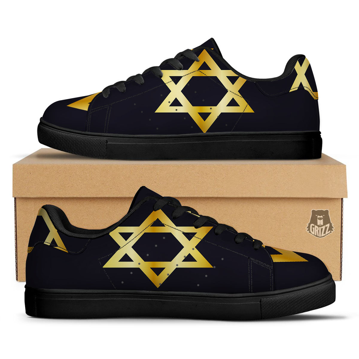 Star Of David Golden Print Black Low Top Sneakers-grizzshop