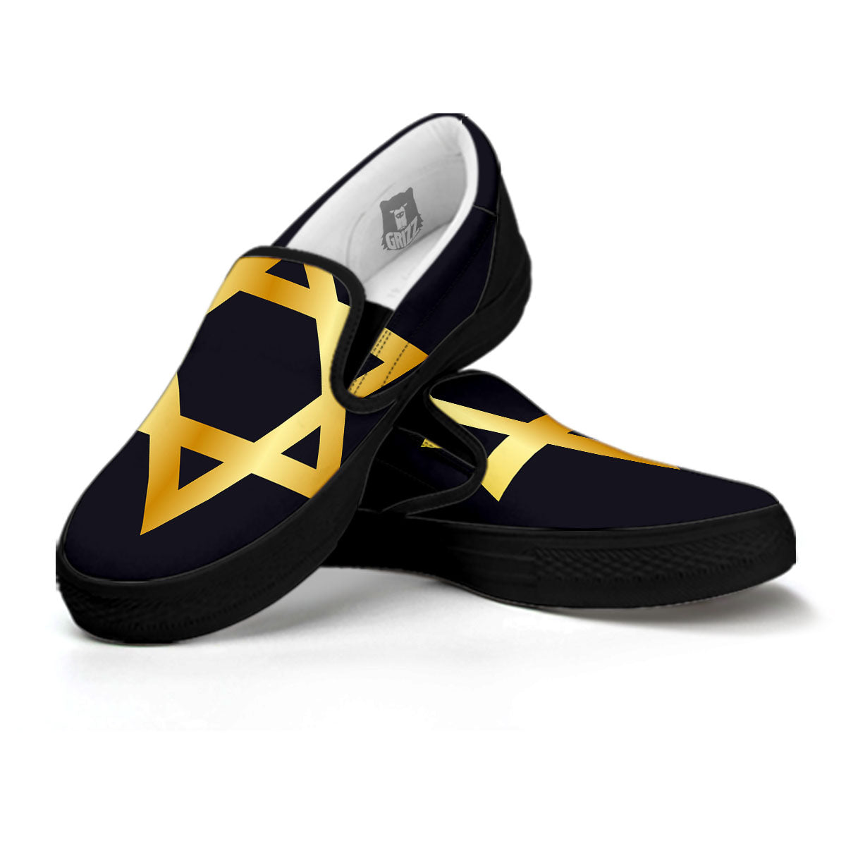 Star Of David Golden Print Black Slip On Shoes-grizzshop