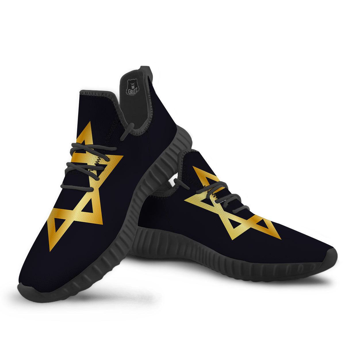 Star Of David Golden Print Black Walking Shoes-grizzshop