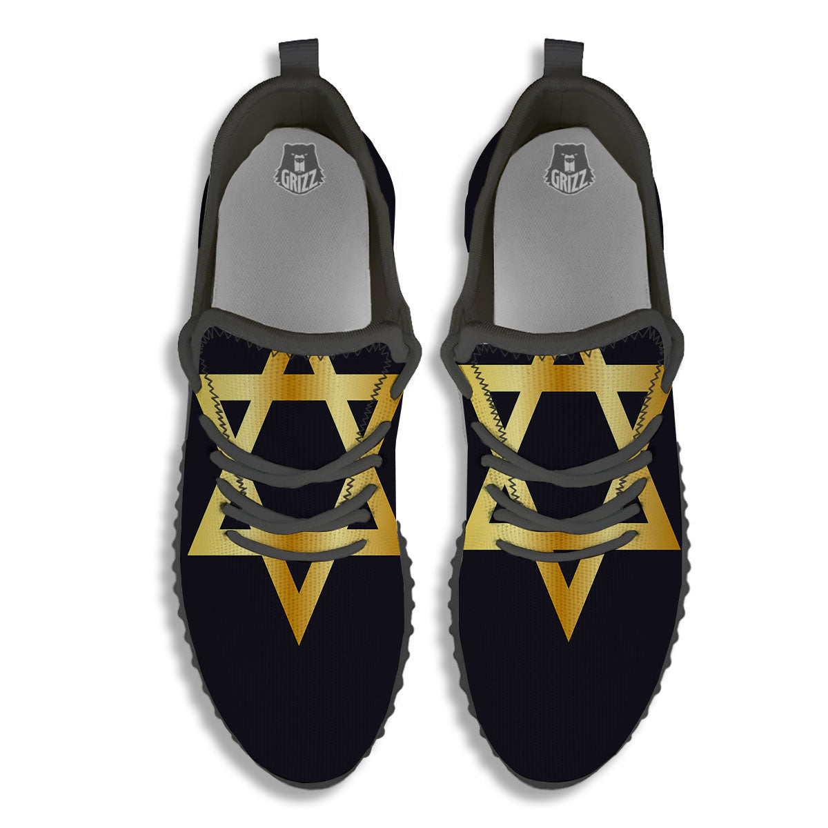 Star Of David Golden Print Black Walking Shoes-grizzshop