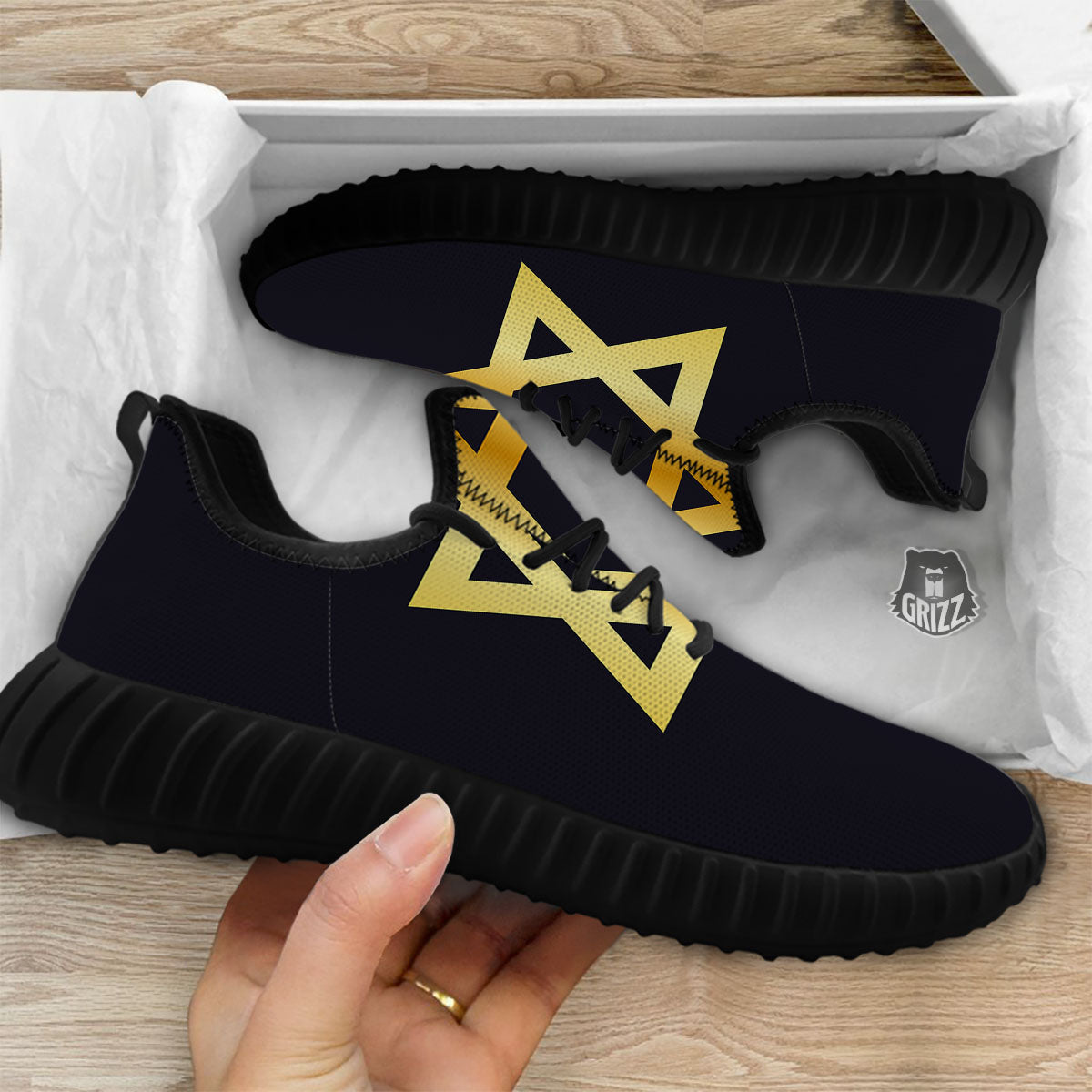 Star Of David Golden Print Black Walking Shoes-grizzshop