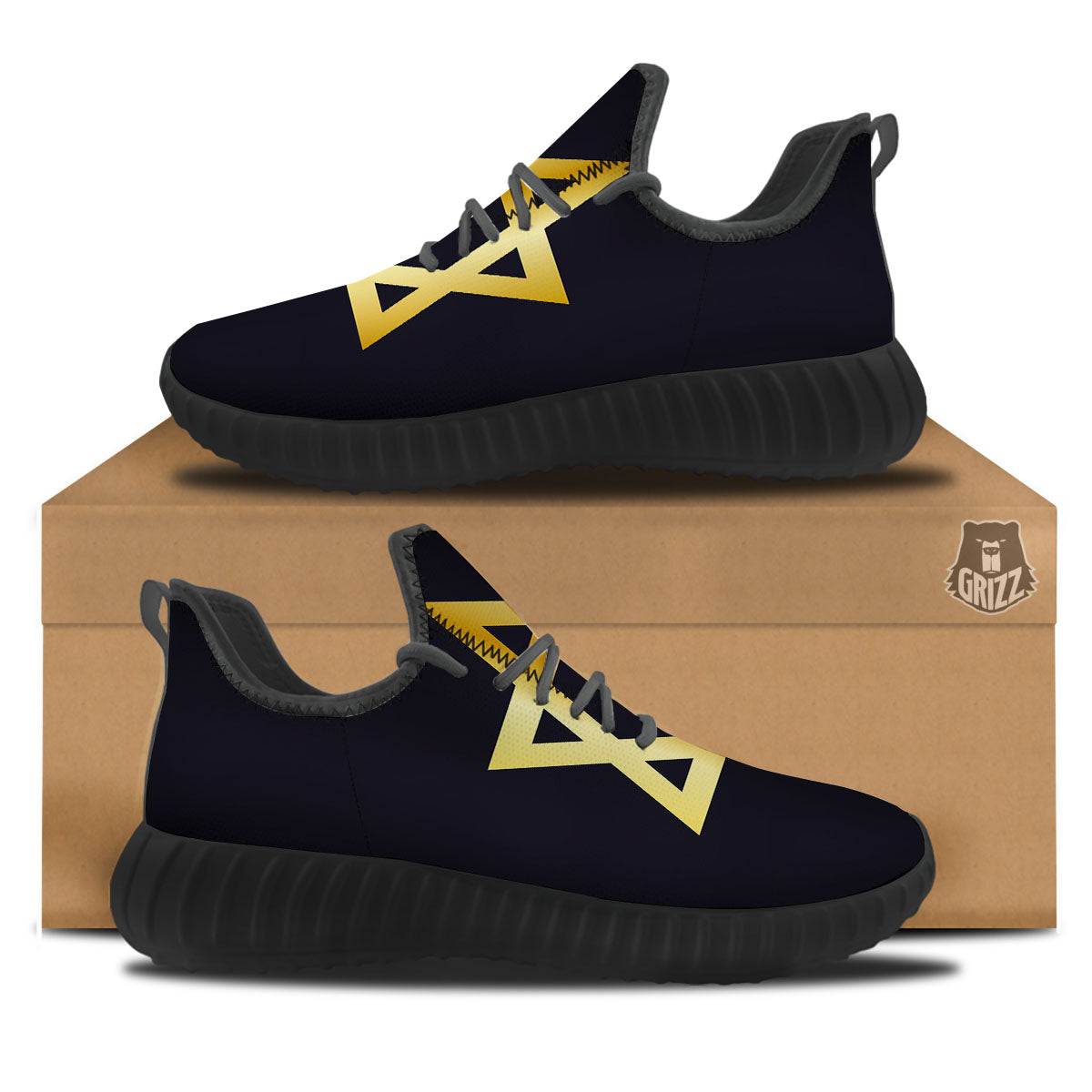 Star Of David Golden Print Black Walking Shoes-grizzshop