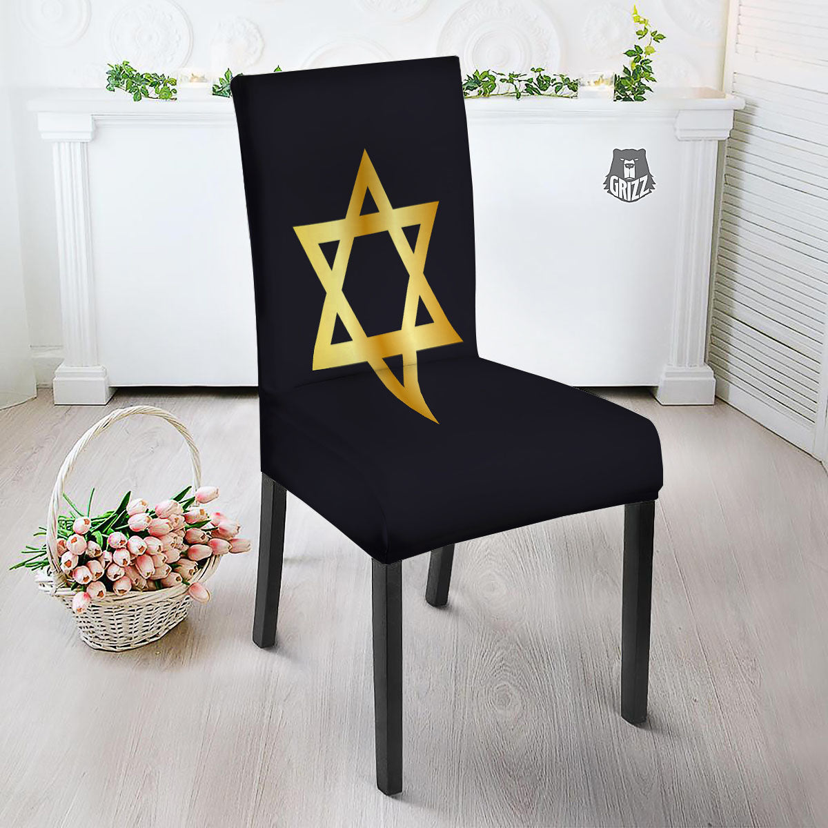 Star Of David Golden Print Dining Chair Slipcover-grizzshop