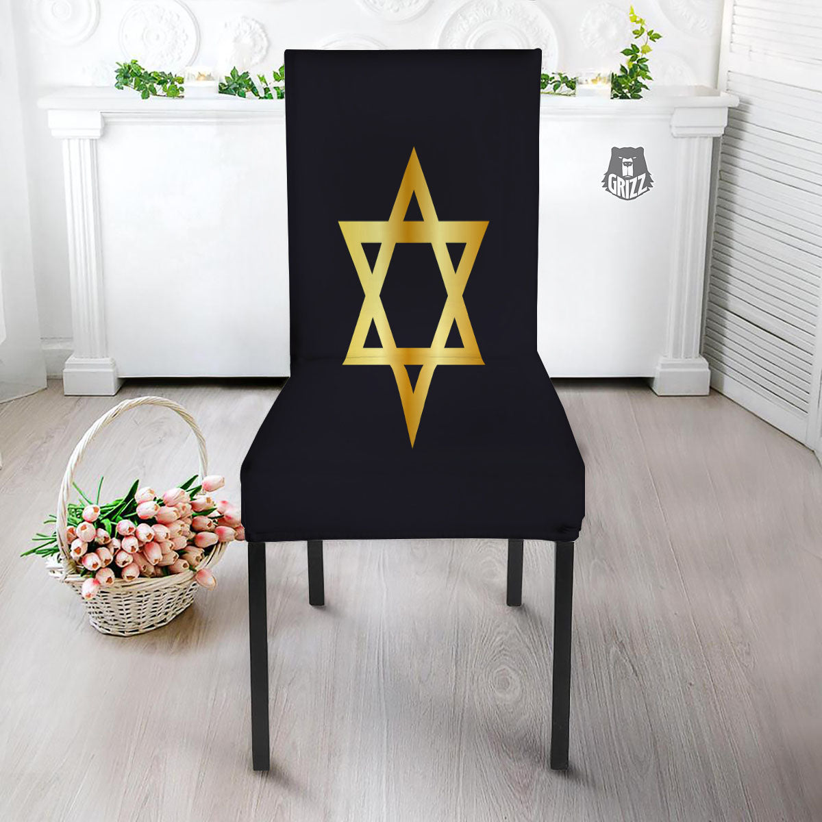 Star Of David Golden Print Dining Chair Slipcover-grizzshop
