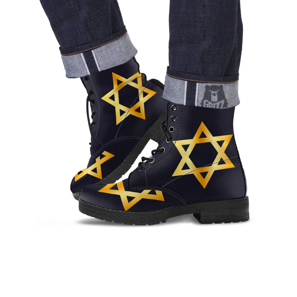 Star Of David Golden Print Leather Boots-grizzshop