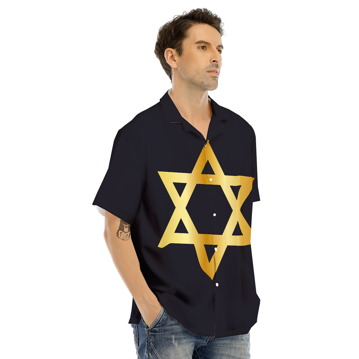 Star Of David Golden Print Men's Hawaiian Shirt-grizzshop