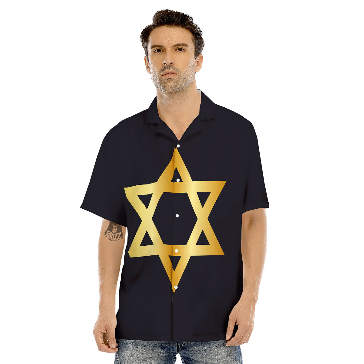 Star Of David Golden Print Men's Hawaiian Shirt-grizzshop