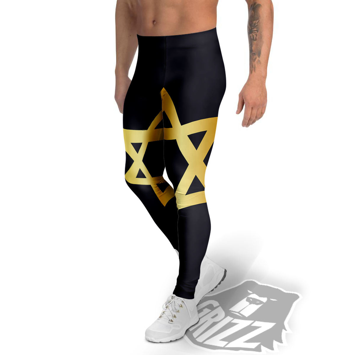 Star Of David Golden Print Men's Leggings-grizzshop