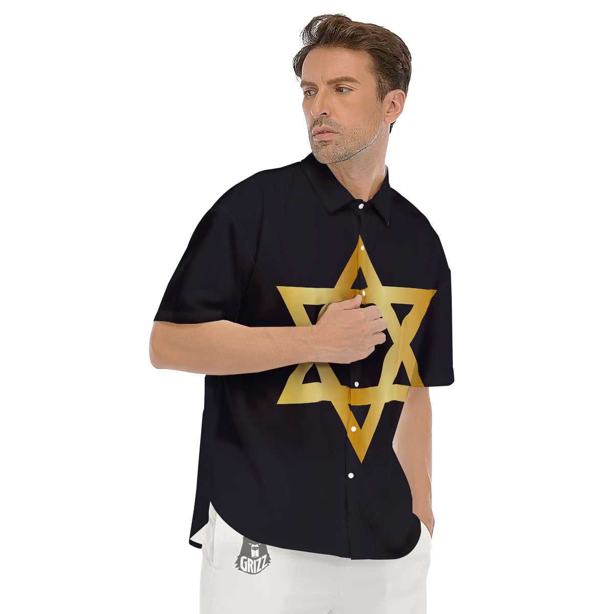 Star Of David Golden Print Men's Short Sleeve Shirts-grizzshop