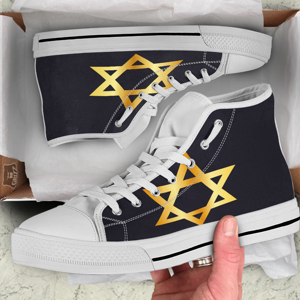 Star Of David Golden Print White High Top Shoes-grizzshop