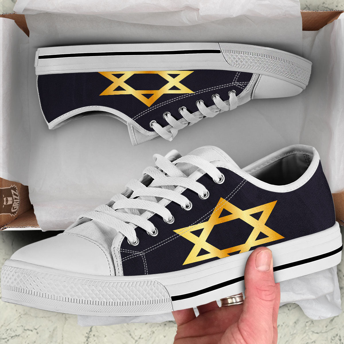 Star Of David Golden Print White Low Top Shoes-grizzshop