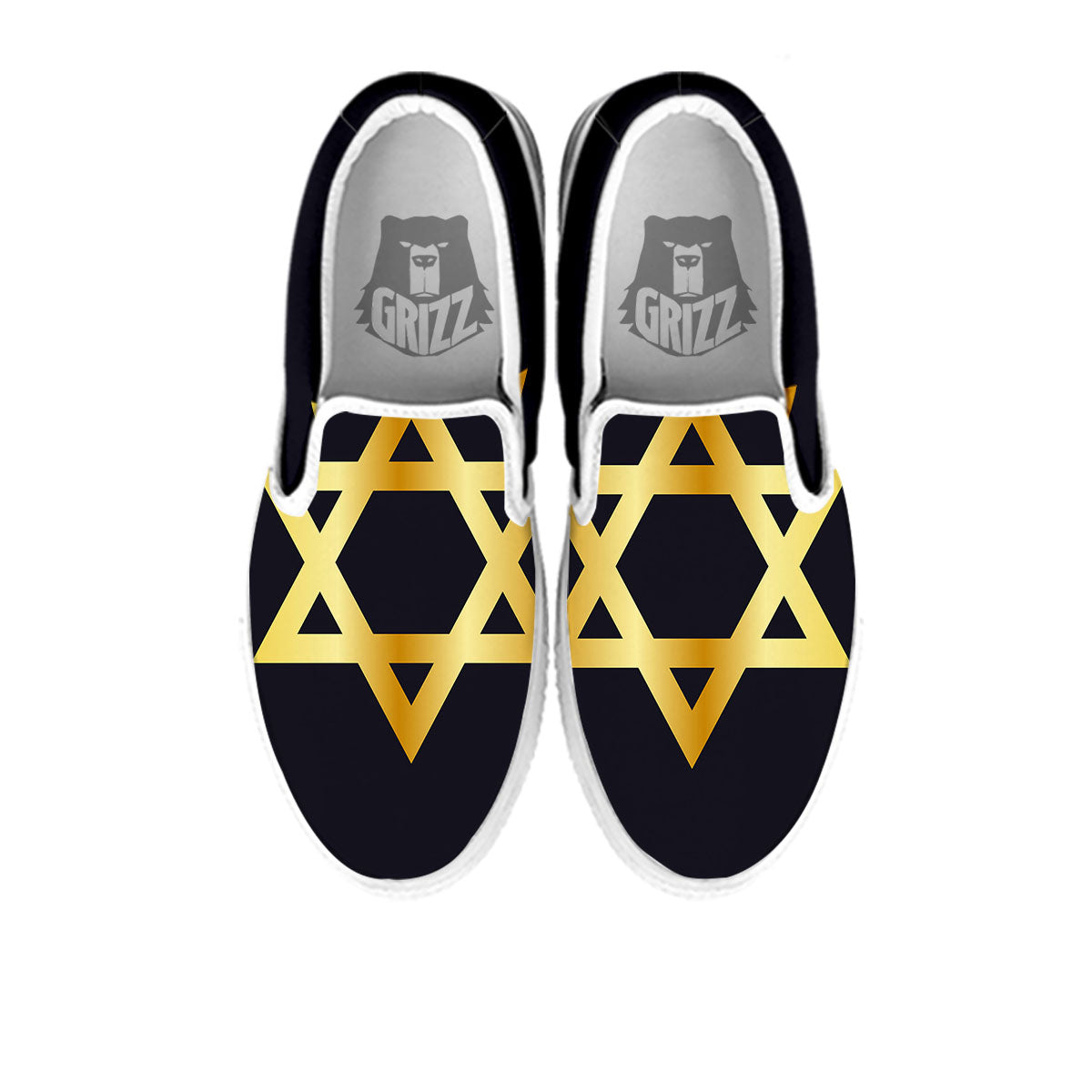 Star Of David Golden Print White Slip On Shoes-grizzshop