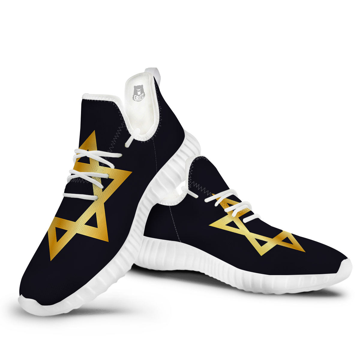 Star Of David Golden Print White Walking Shoes-grizzshop