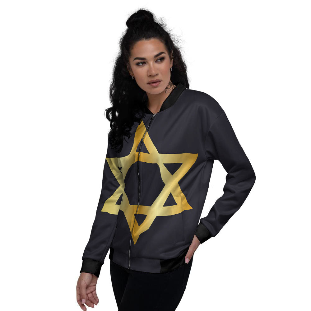 Star Of David Golden Print Women's Bomber Jacket-grizzshop