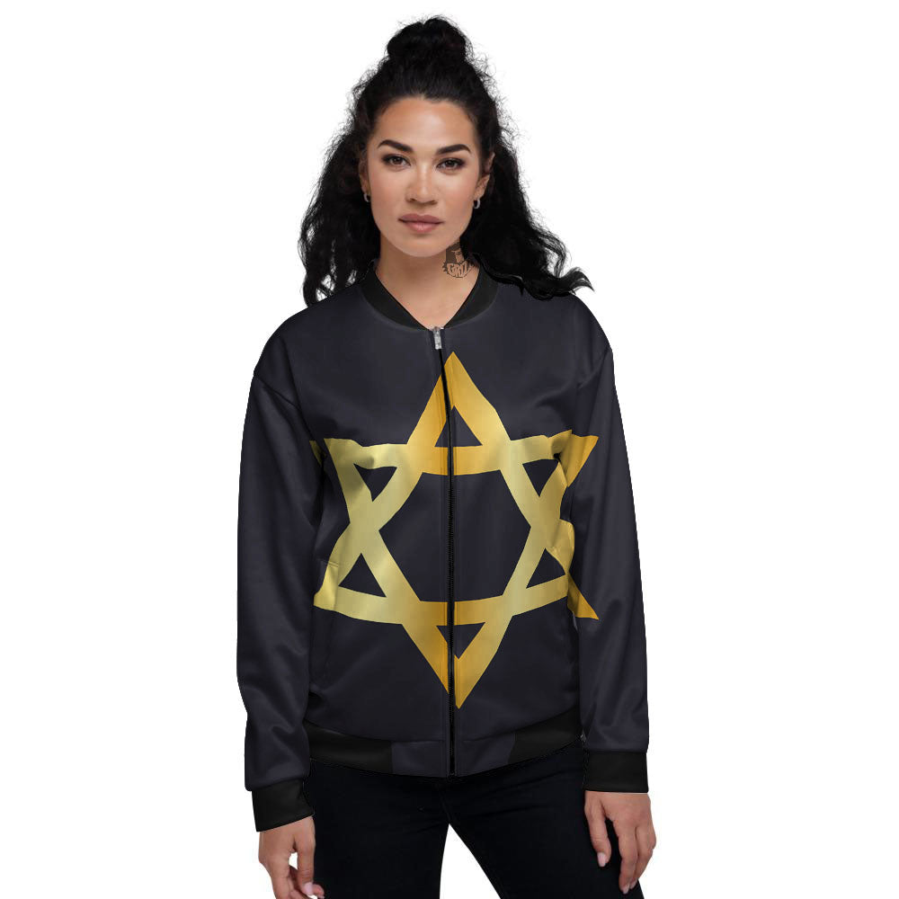 Star Of David Golden Print Women's Bomber Jacket-grizzshop