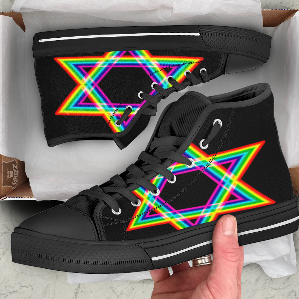 Star Of David Rainbow Print Black High Top Shoes-grizzshop