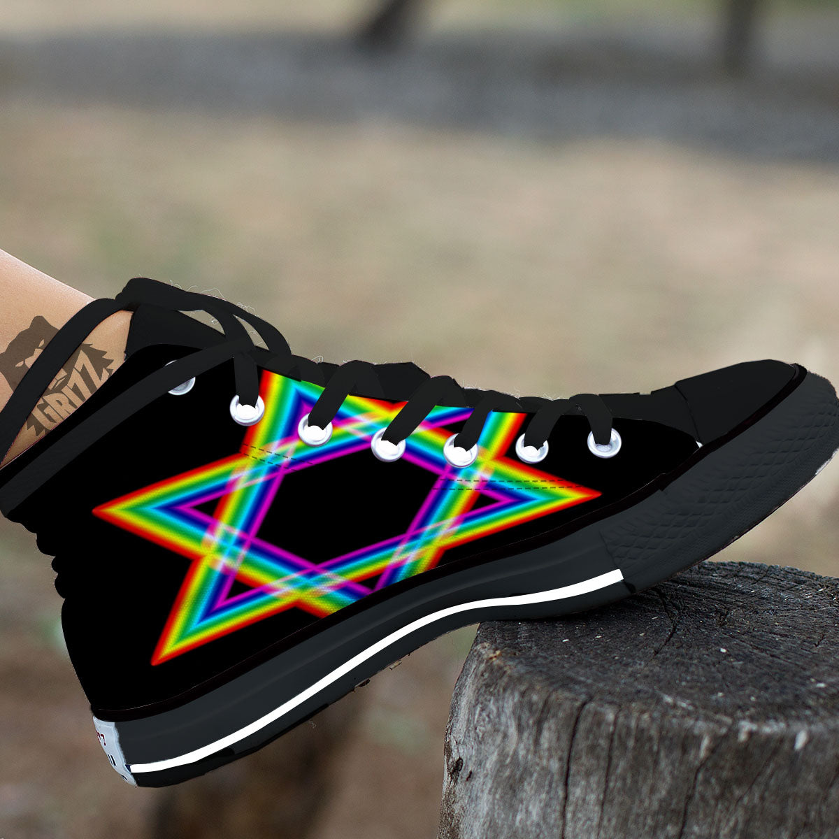 Star Of David Rainbow Print Black High Top Shoes-grizzshop