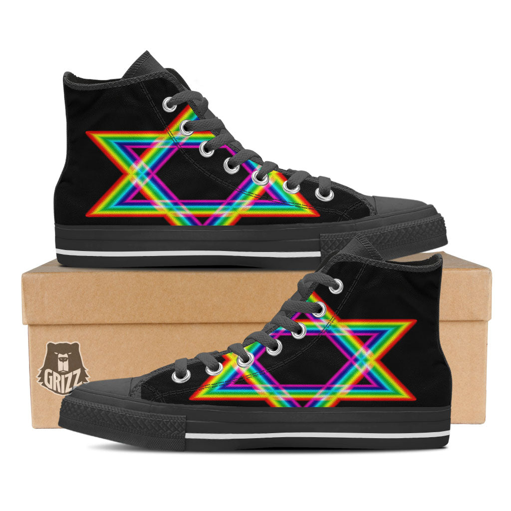 Star Of David Rainbow Print Black High Top Shoes-grizzshop