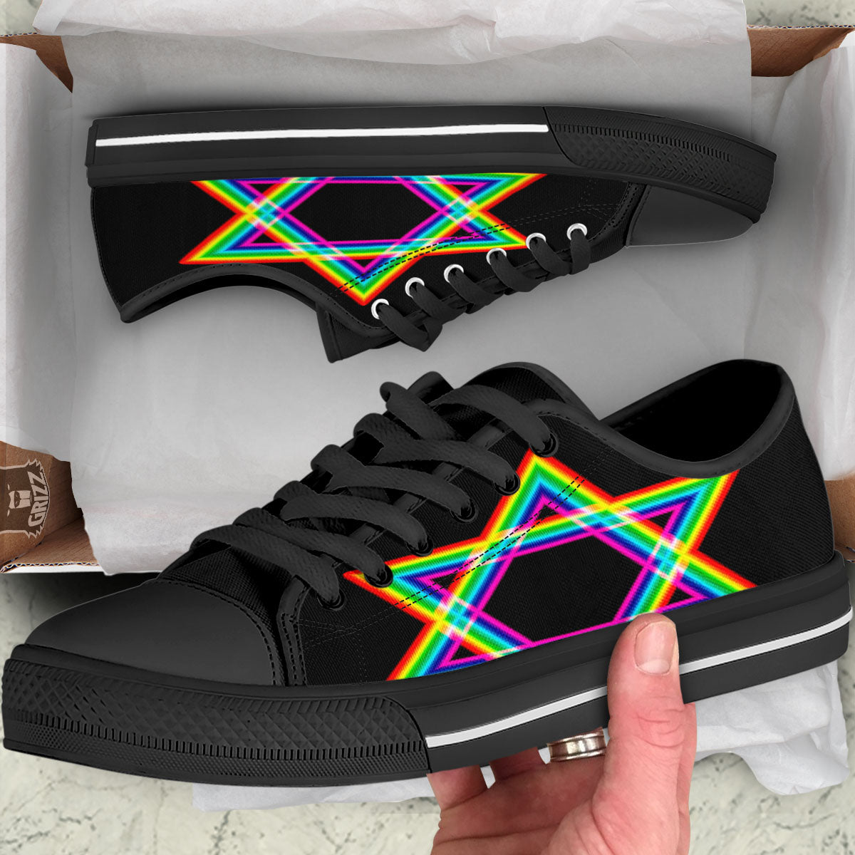 Star Of David Rainbow Print Black Low Top Shoes-grizzshop