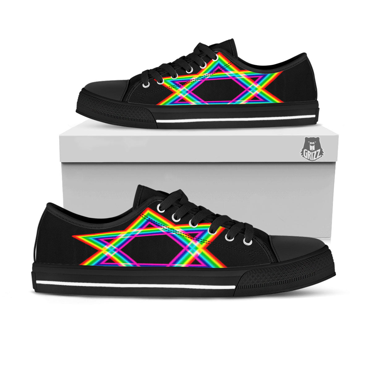 Star Of David Rainbow Print Black Low Top Shoes-grizzshop