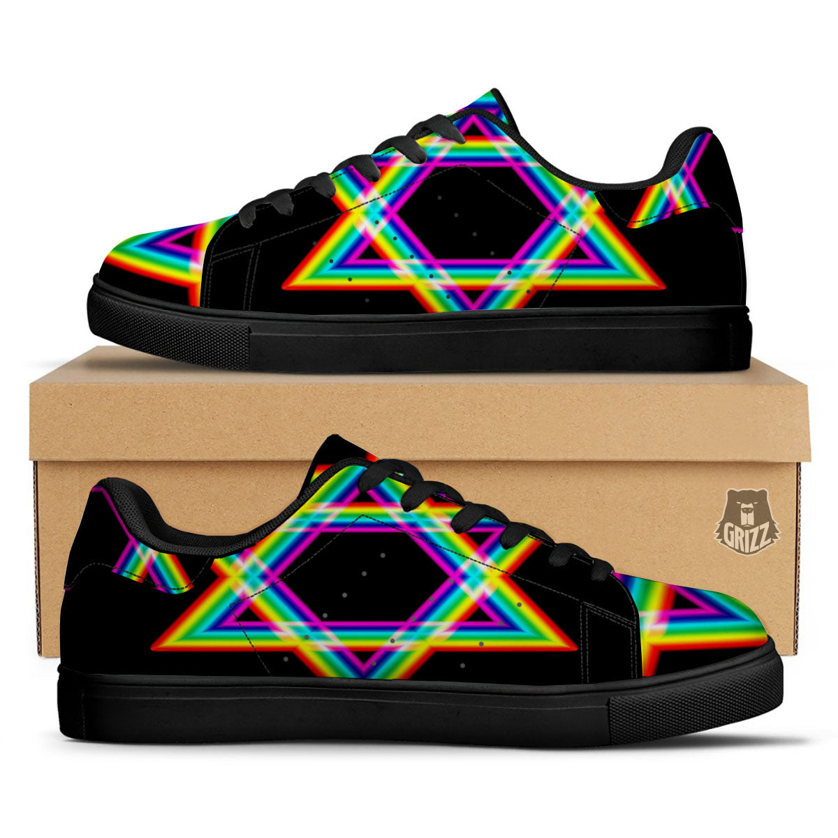 Star Of David Rainbow Print Black Low Top Sneakers-grizzshop