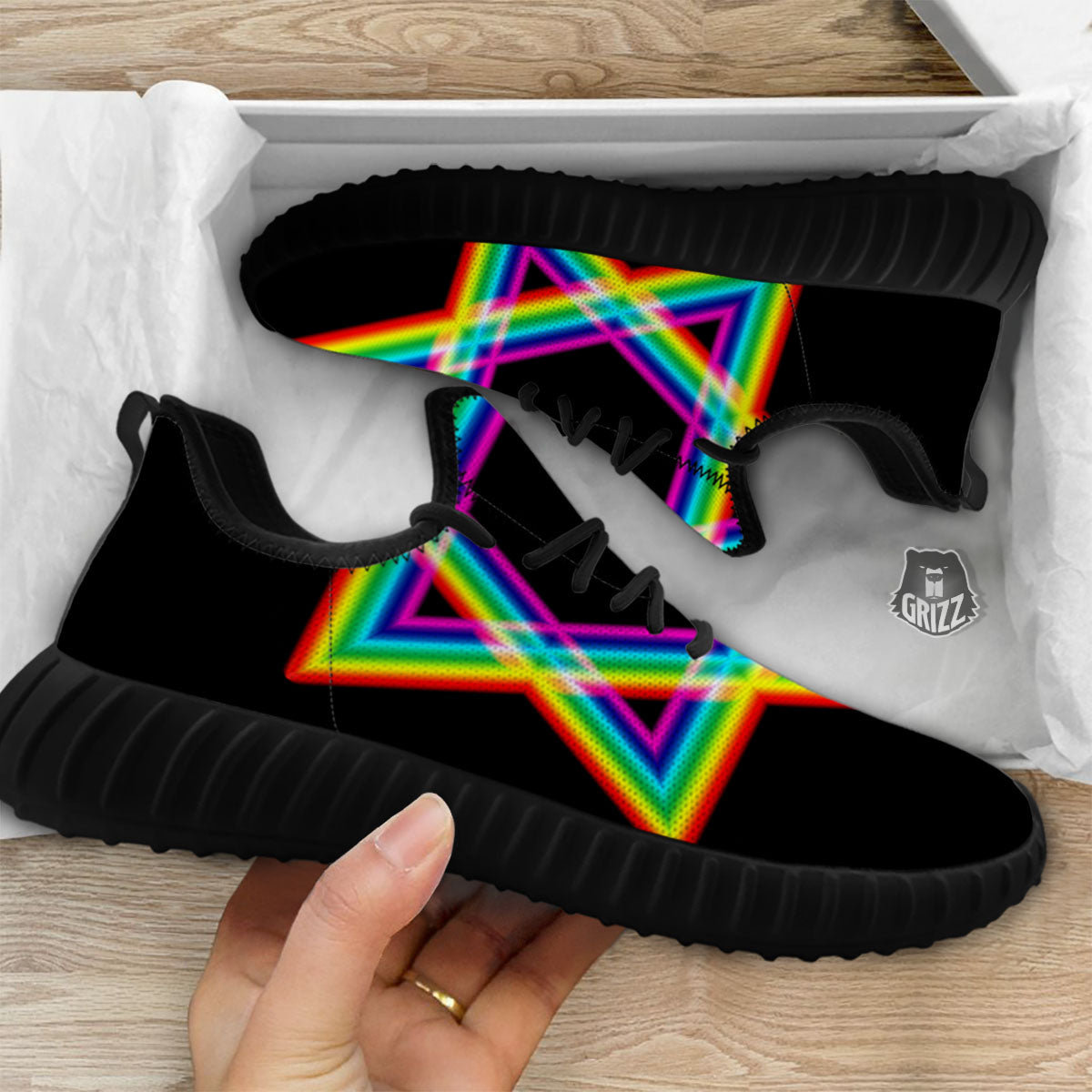 Star Of David Rainbow Print Black Walking Shoes-grizzshop