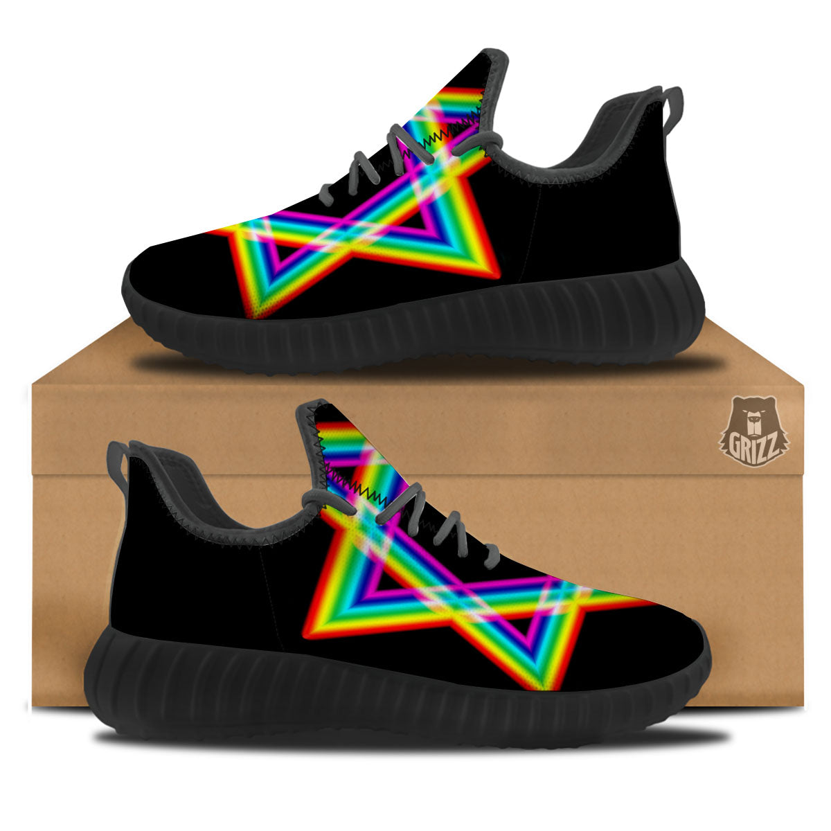Star Of David Rainbow Print Black Walking Shoes-grizzshop