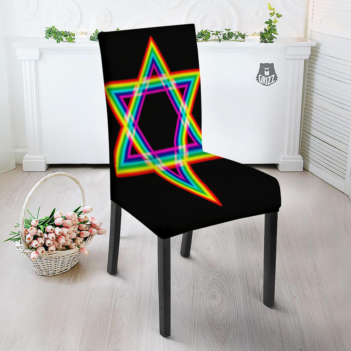 Star Of David Rainbow Print Dining Chair Slipcover-grizzshop