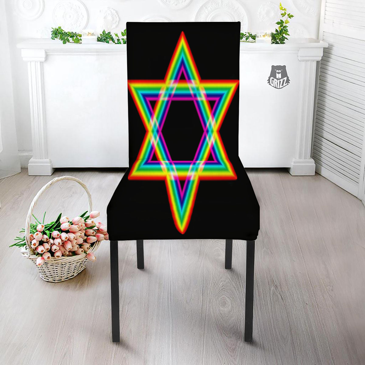 Star Of David Rainbow Print Dining Chair Slipcover-grizzshop