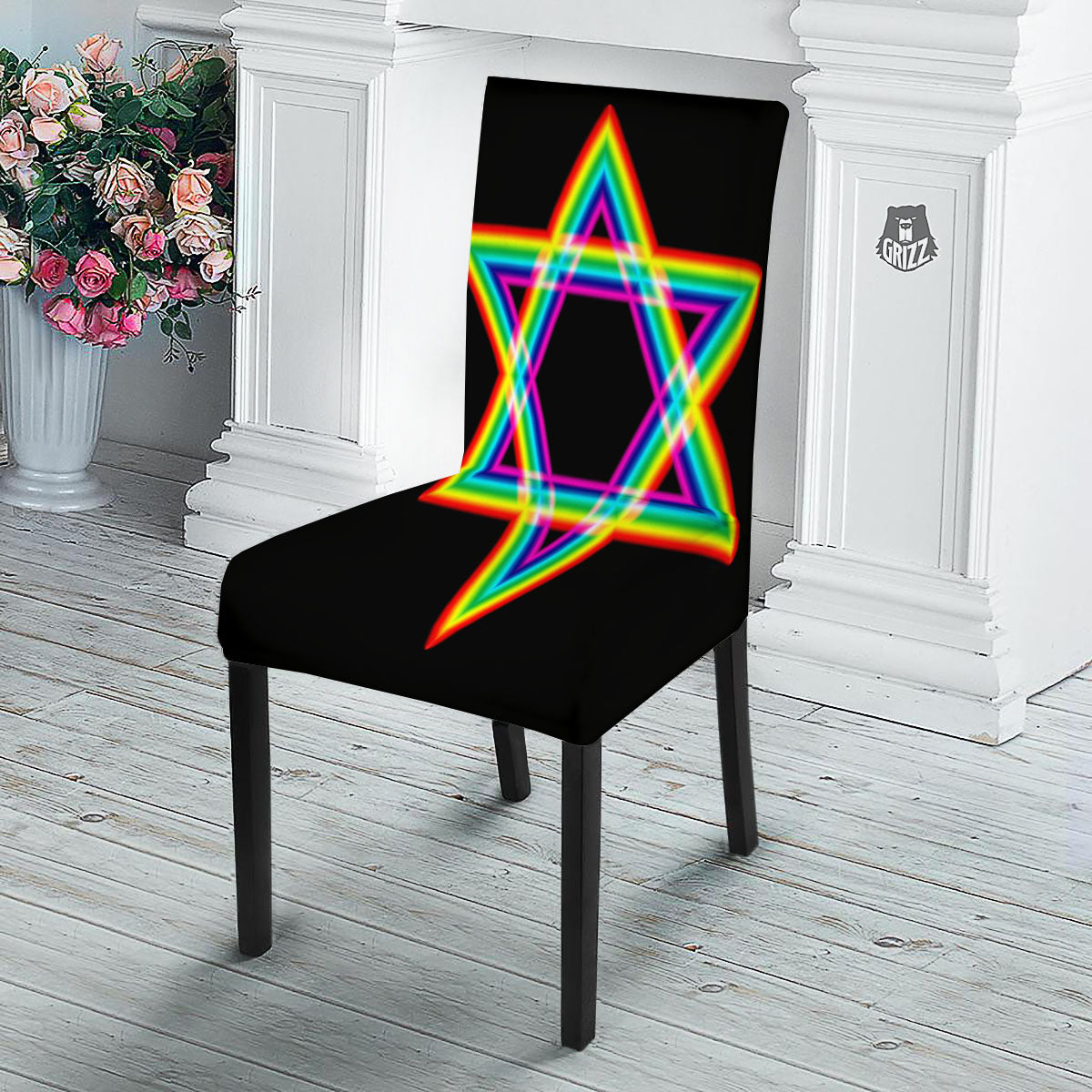 Star Of David Rainbow Print Dining Chair Slipcover-grizzshop
