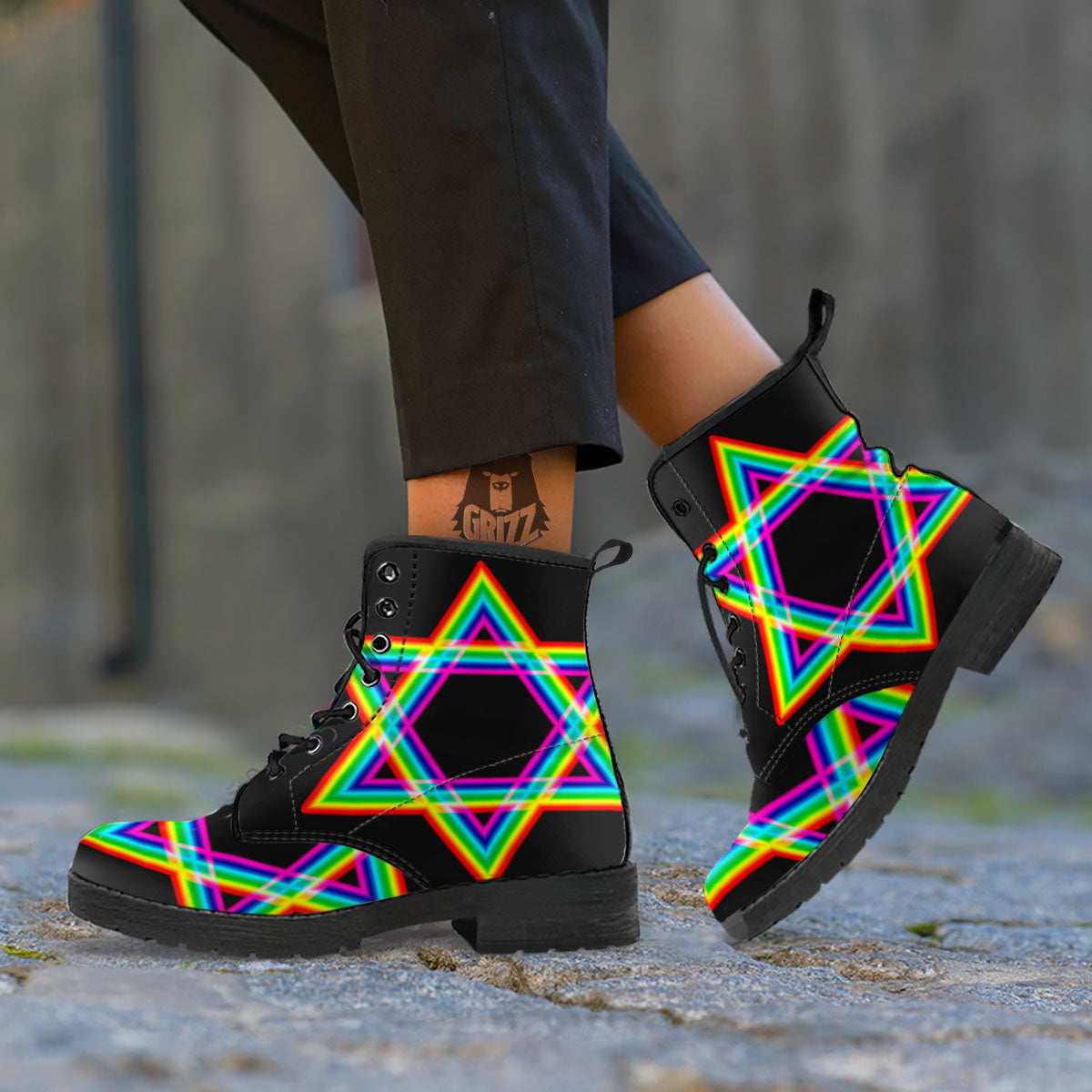 Star Of David Rainbow Print Leather Boots-grizzshop