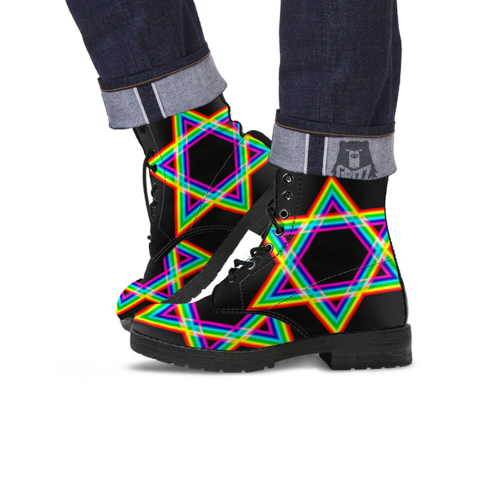 Star Of David Rainbow Print Leather Boots-grizzshop