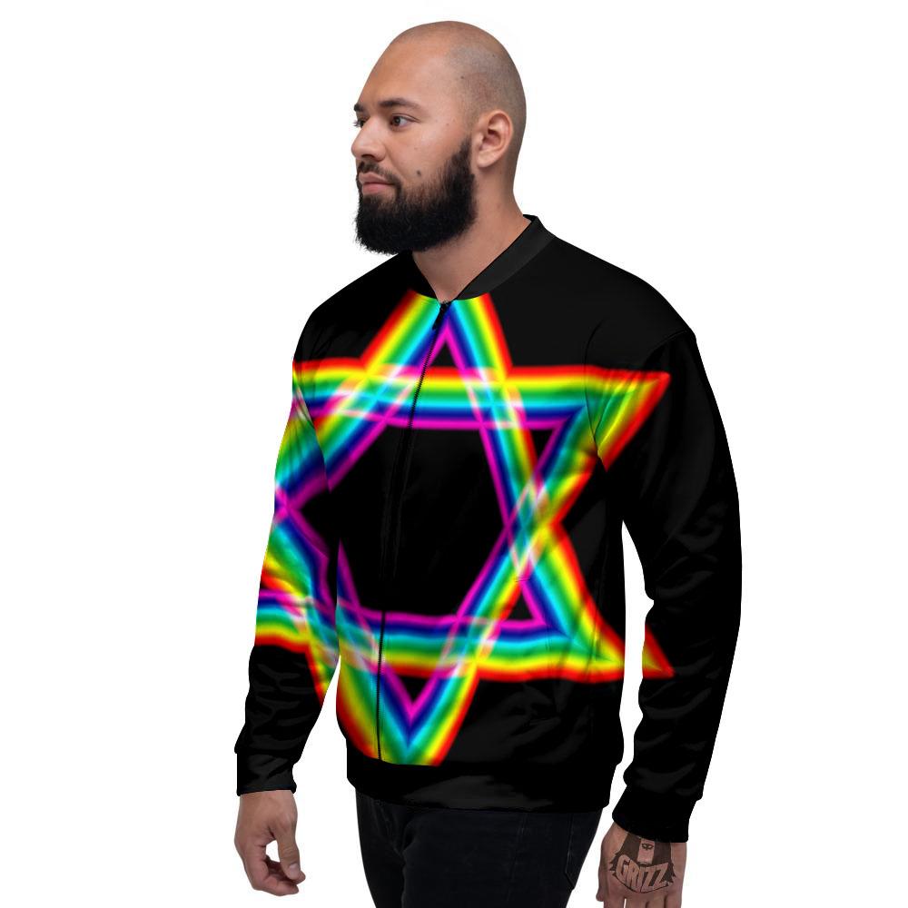 Star Of David Rainbow Print Men's Bomber Jacket-grizzshop