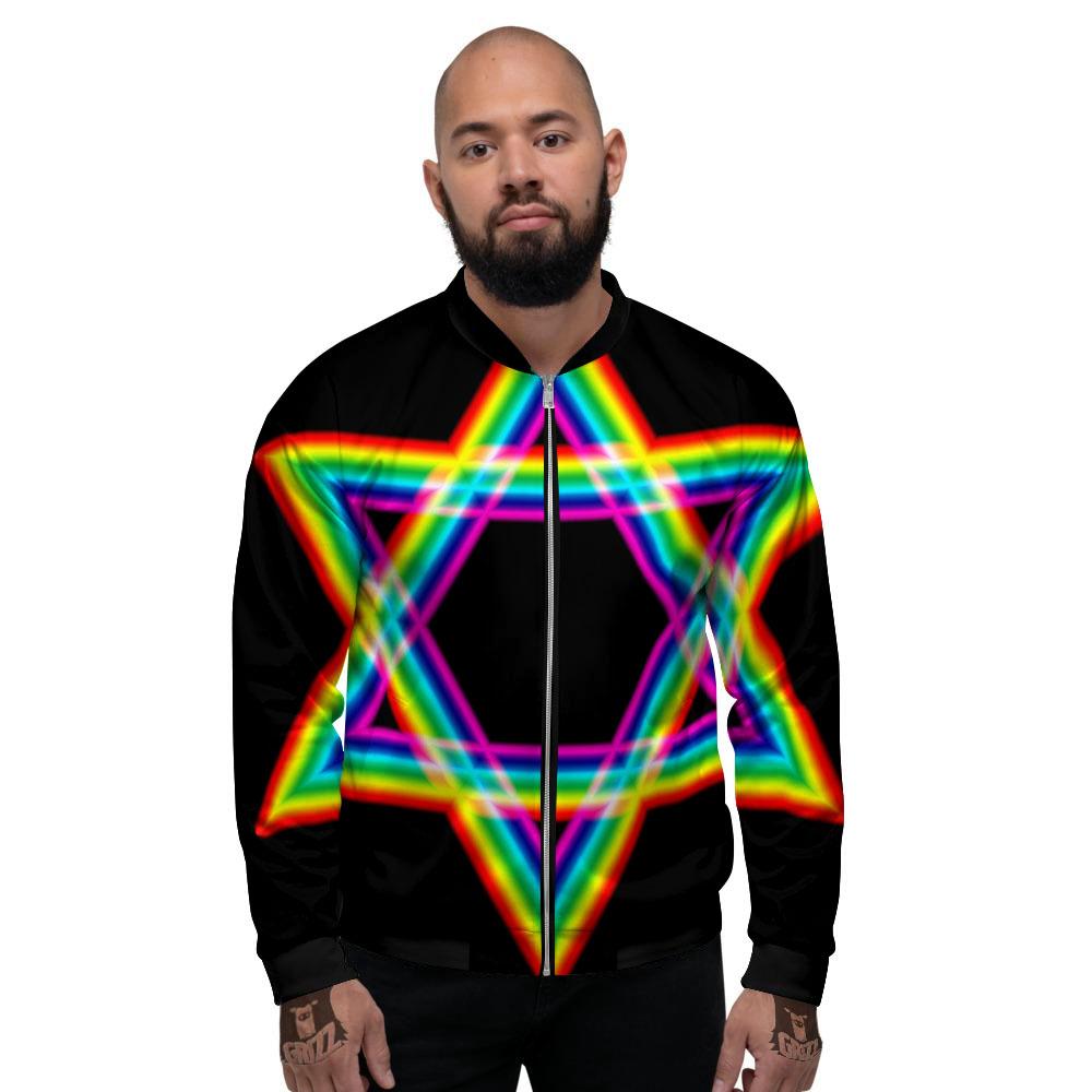 Star Of David Rainbow Print Men's Bomber Jacket-grizzshop