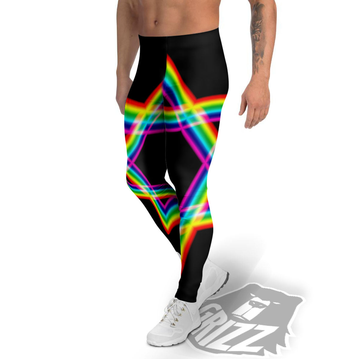 Star Of David Rainbow Print Men's Leggings-grizzshop