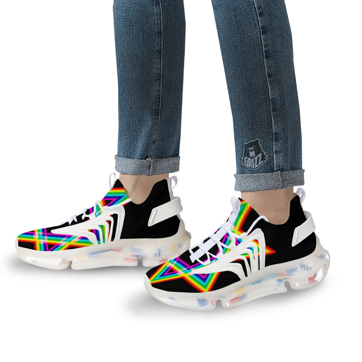 Star Of David Rainbow Print White Gym Shoes-grizzshop