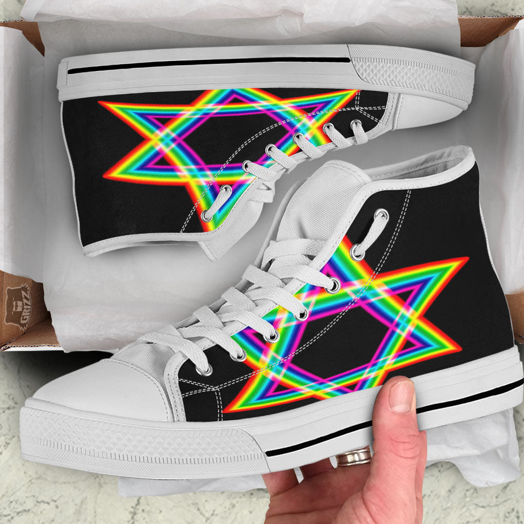 Star Of David Rainbow Print White High Top Shoes-grizzshop
